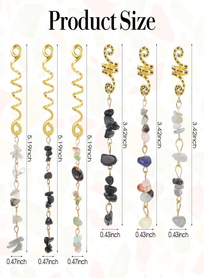 Tyqour 6PCS Hair Jewelry for Braids, Natural Stone Hair Braid Accessories, Colored Crystal Charms for Braids Dreadlock, Gold Spirals Cuffs Rings for Women Girls, Rave Festival Hairstyle Decoration - Image 2